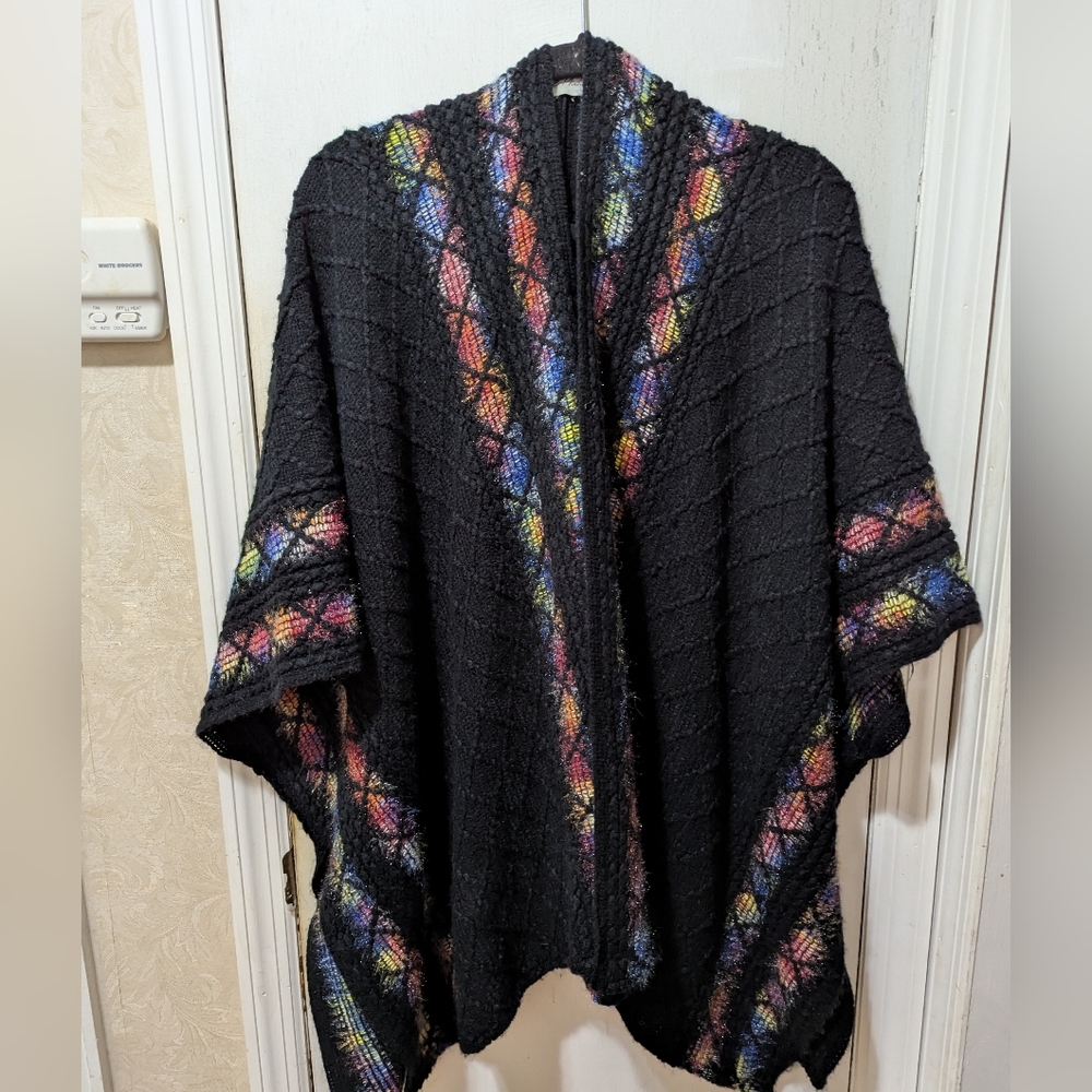 Le Moda Black With Colorful Trim Knit Poncho